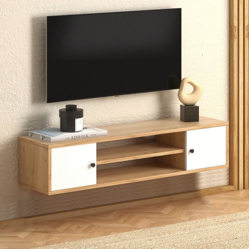 Meuble TV suspendu PARMA 120 cm - Chêne et blanc - salon et séjour - Meublin.ma Meuble TV Meublin.ma