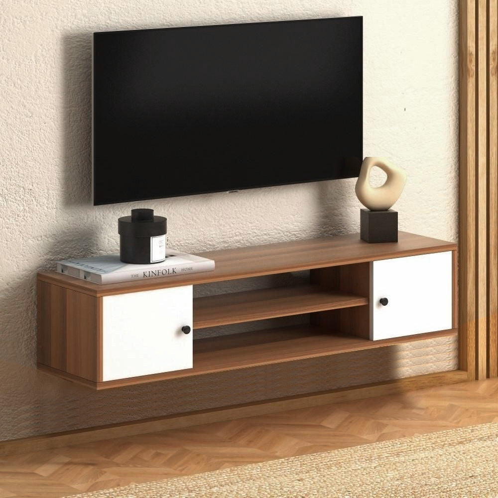 Meuble TV mural PARMA 120 cm - Marron noyer et blanc - salon et séjour - Meublin.ma Meuble TV Meublin.ma