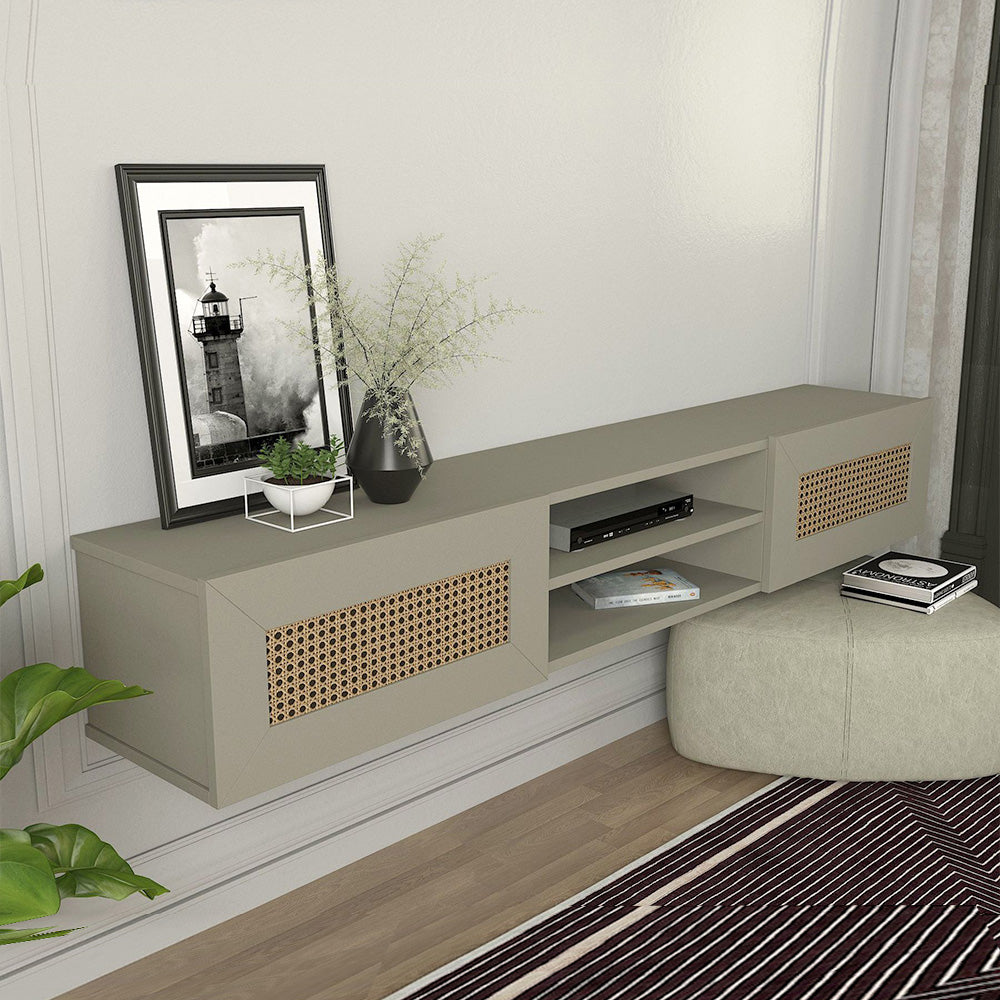 Meuble TV suspendu PIUMA 180 cm de 2 portes - Gris argenté à motifs - Meublin.ma Meuble TV Meublin.ma