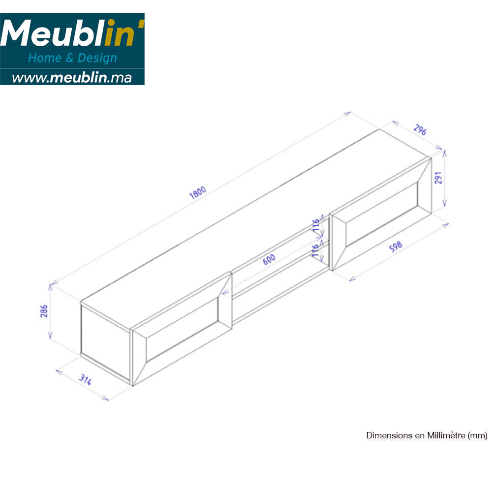 Meuble TV suspendu PIUMA 180 cm de 2 portes - Gris argenté à motifs - Meublin.ma Meuble TV Meublin.ma
