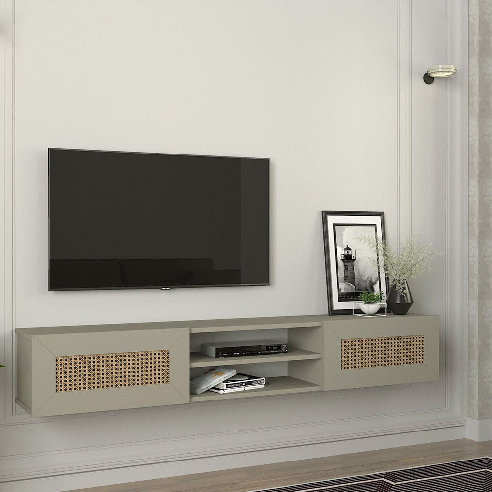 Meuble TV suspendu PIUMA 180 cm de 2 portes - Gris argenté à motifs - Meublin.ma Meuble TV Meublin.ma