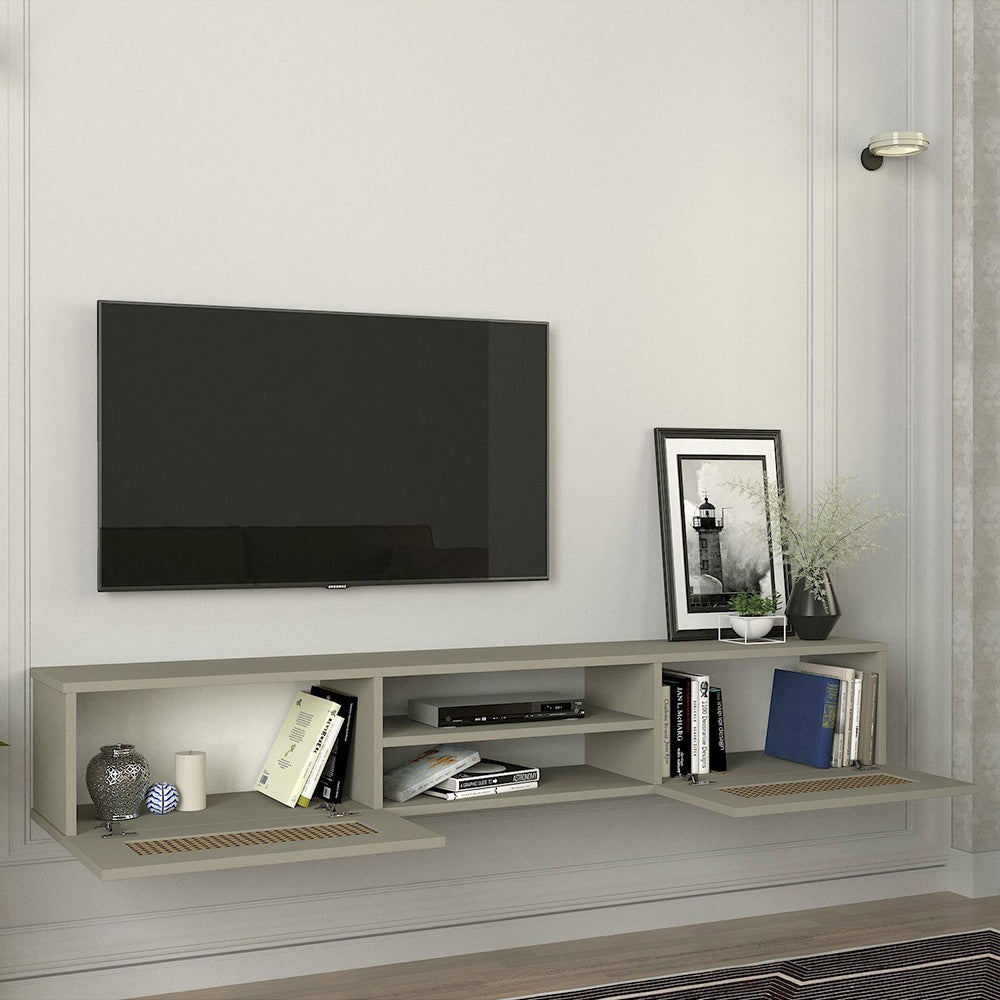 Meuble TV suspendu PIUMA 180 cm de 2 portes - Gris argenté à motifs - Meublin.ma Meuble TV Meublin.ma