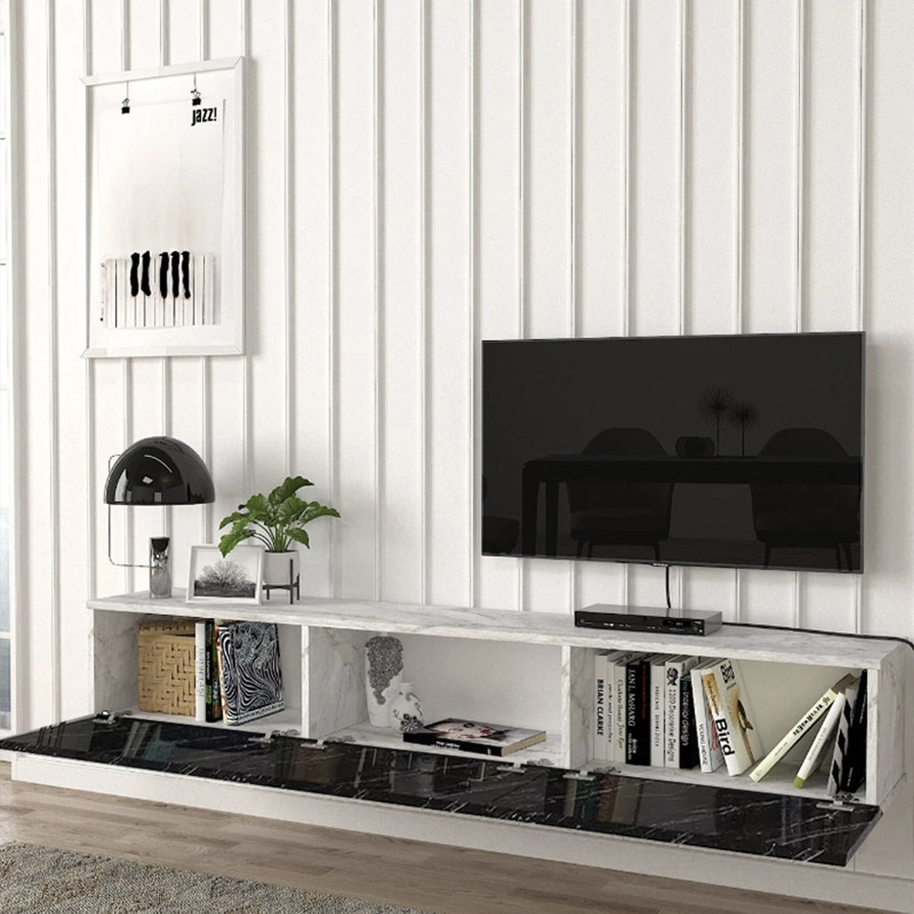 Meuble TV suspendu DAMLA 180 cm à 3 portes - Double effet marbre