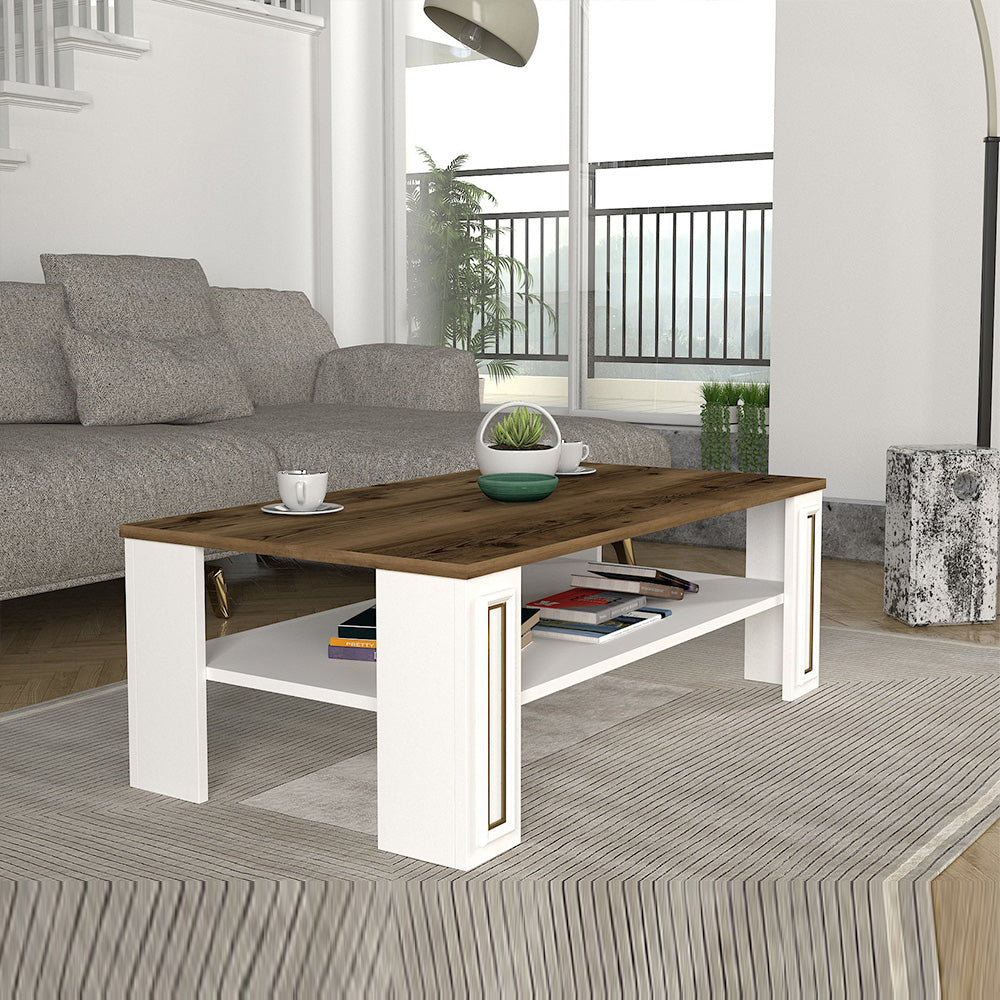 Table basse pour séjour SANSA 110 cm - Noyer et blanc à bordures en doré - Meublin.ma table basse Meublin.ma