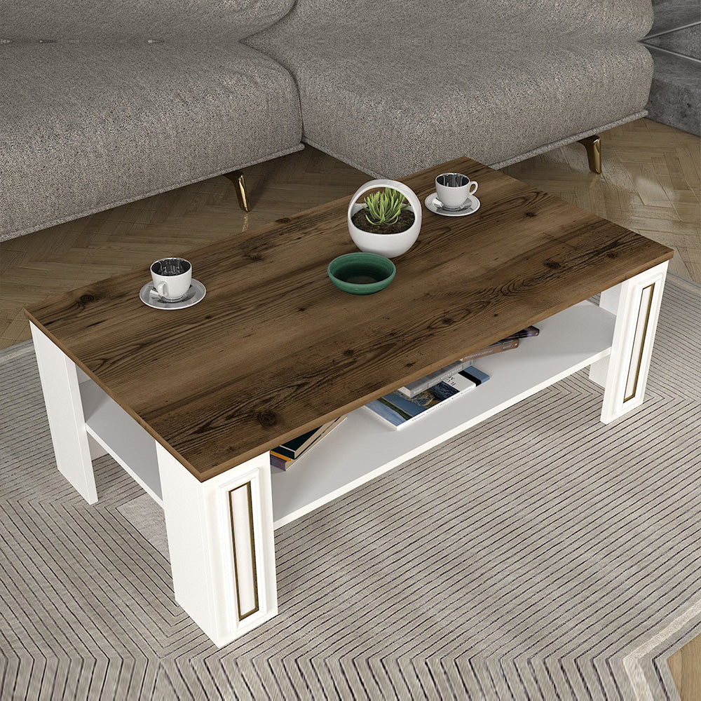 Table basse pour séjour SANSA 110 cm - Noyer et blanc à bordures en doré - Meublin.ma table basse Meublin.ma