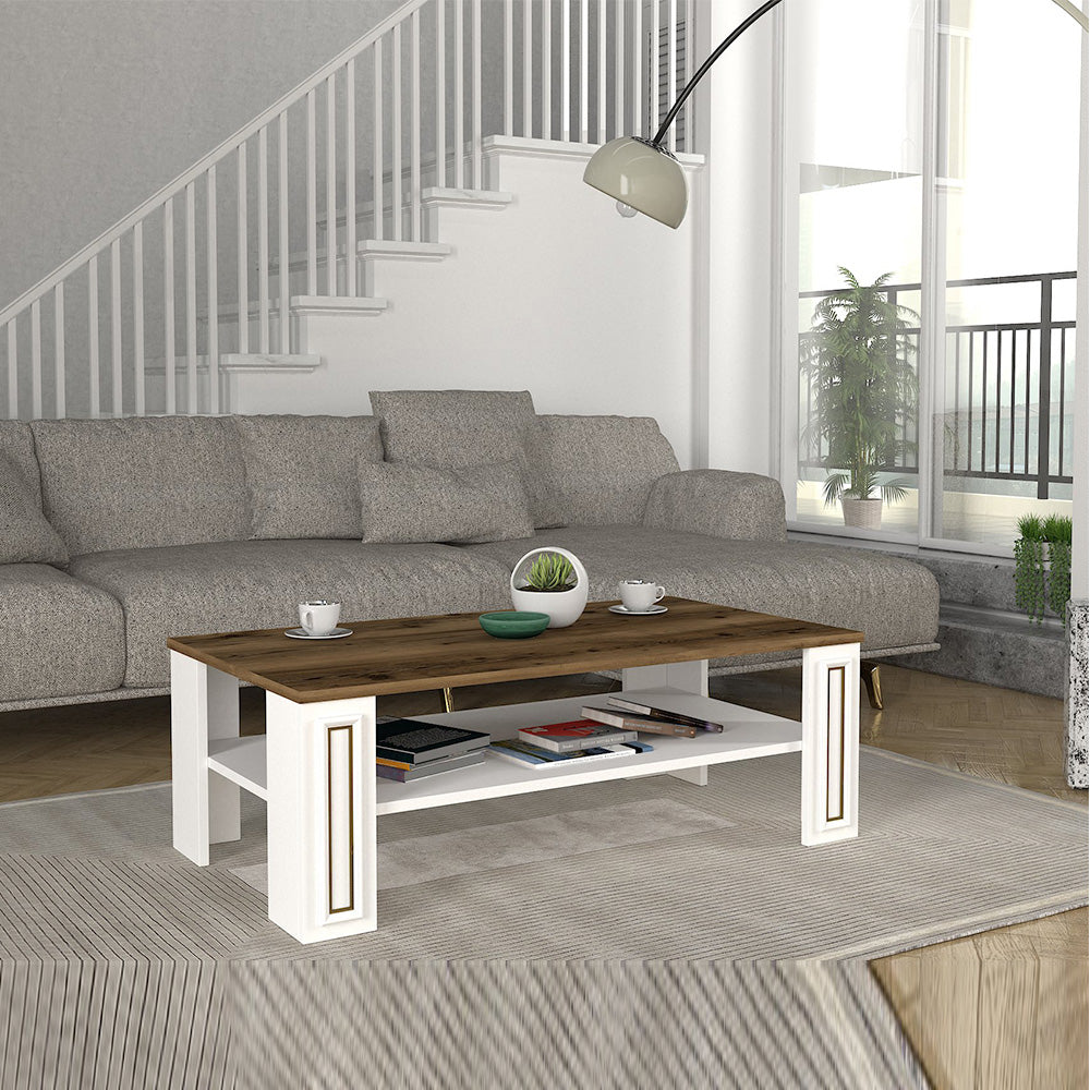 Table basse pour séjour SANSA 110 cm - Noyer et blanc à bordures en doré - Meublin.ma table basse Meublin.ma