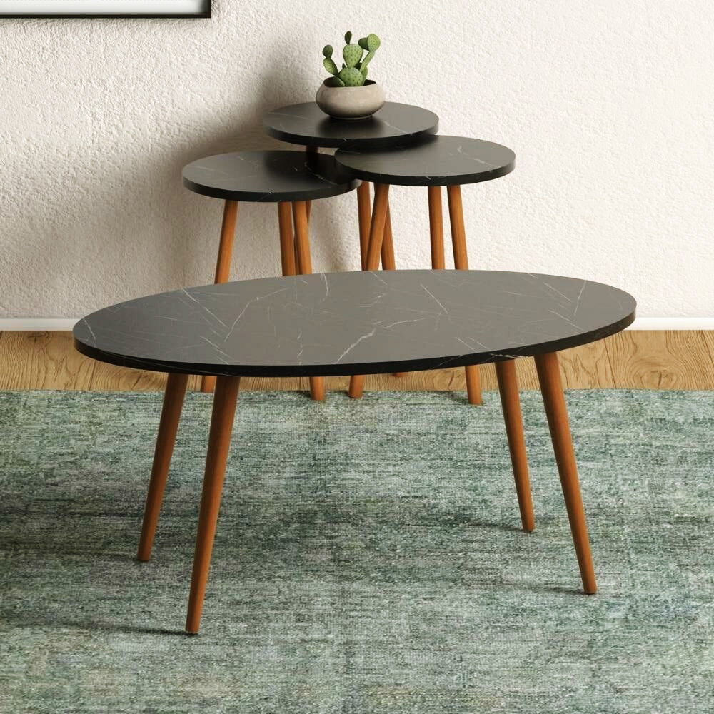Set de 4 Tables pour séjour ou bureau - Effet marbré et noyer - Meublin.ma Meublin.ma