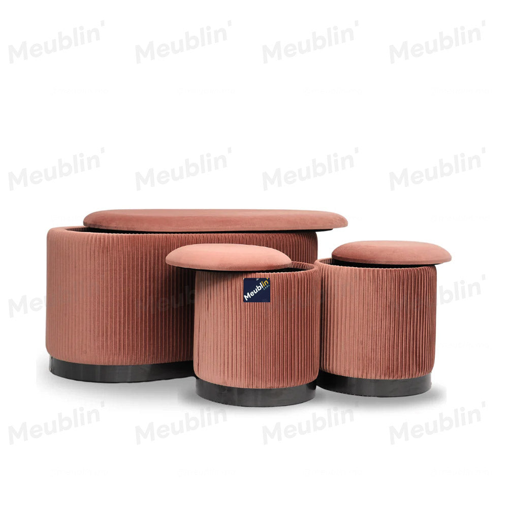 Set de 3 tabourets Velours Rose PRESTIGE - chambre à coucher