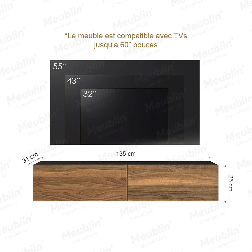 Meuble TV suspendu ARISTO 135 cm - Noir et Marron Noyer - Décoration d'intérieur