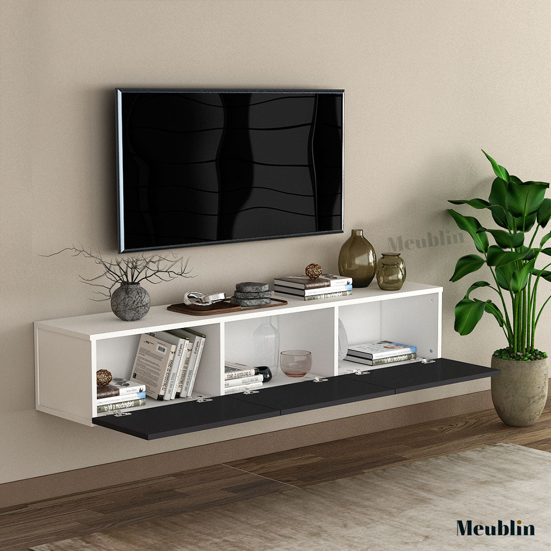 Meuble TV suspendu DAMLA 180 cm - Cadre Blanc et Portes Noires