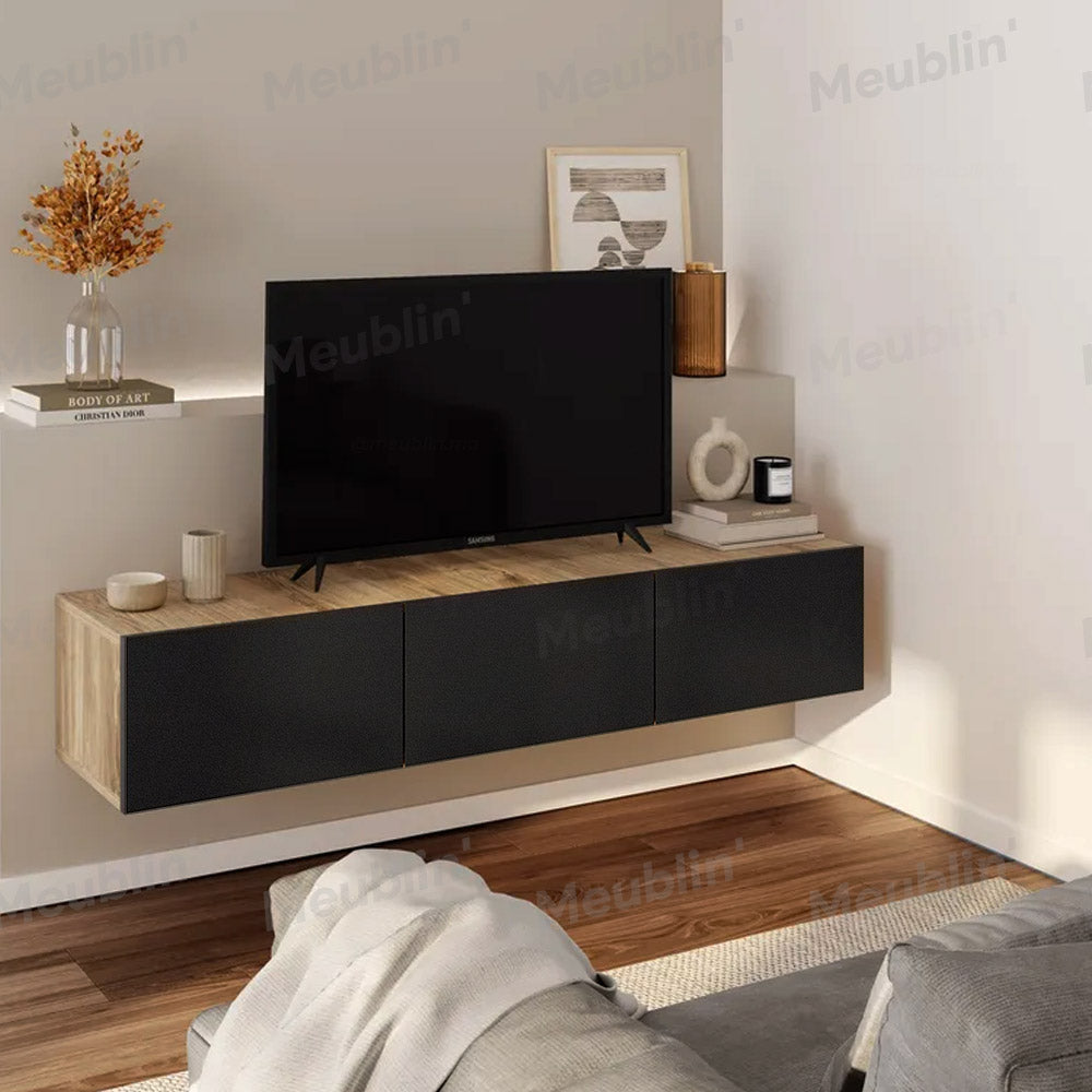 Meuble TV design suspendu DAMLA 180 cm - Chêne et noir