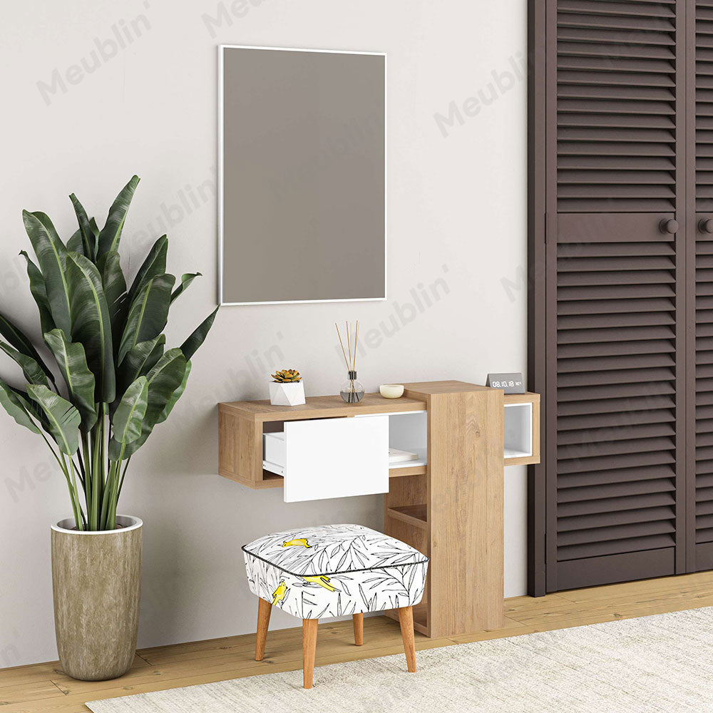 Console coiffeuse EFES 100 cm avec miroir - Chêne et Blanc