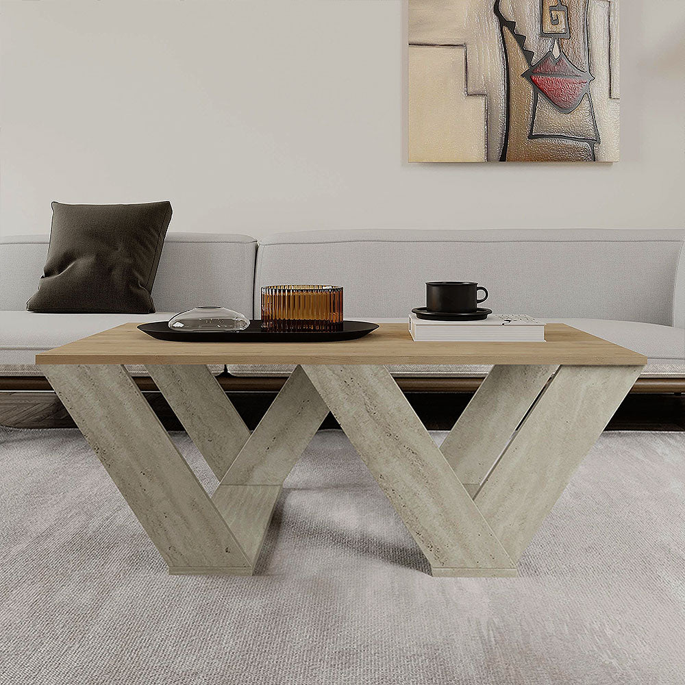 Table basse moderne pour séjour PIPRA 110 cm - Travertin et Chêne
