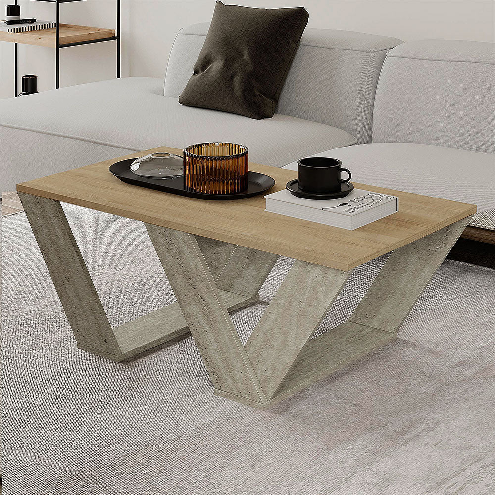 Table basse moderne pour séjour PIPRA 110 cm - Travertin et Chêne