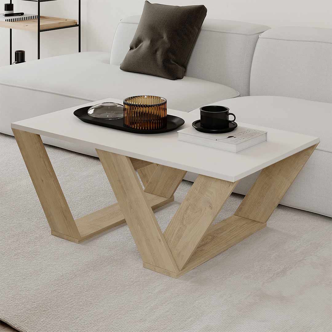 Table basse moderne pour séjour PIPRA 110 cm - Blanc et chêne - Meublin.ma table basse Meublin.ma