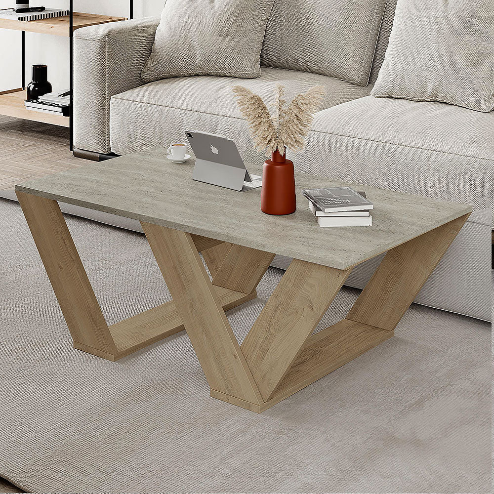 Table basse moderne pour séjour PIPRA 110 cm - Chêne et Travertin