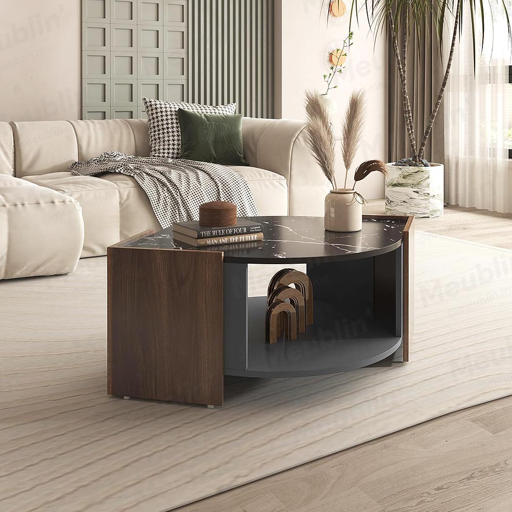 Table basse moderne pour séjour MARBEL 110 cm - Effet marbre noir et noyer - Meublin.ma table basse Meublin.ma