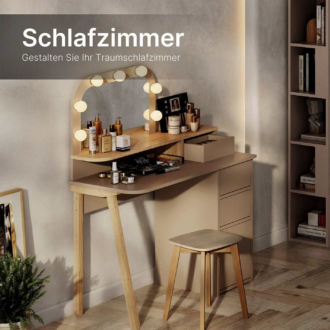 Table Coiffeuse AVIEN Avec Miroir LED + 3 tiroirs - Beige / Chêne ...