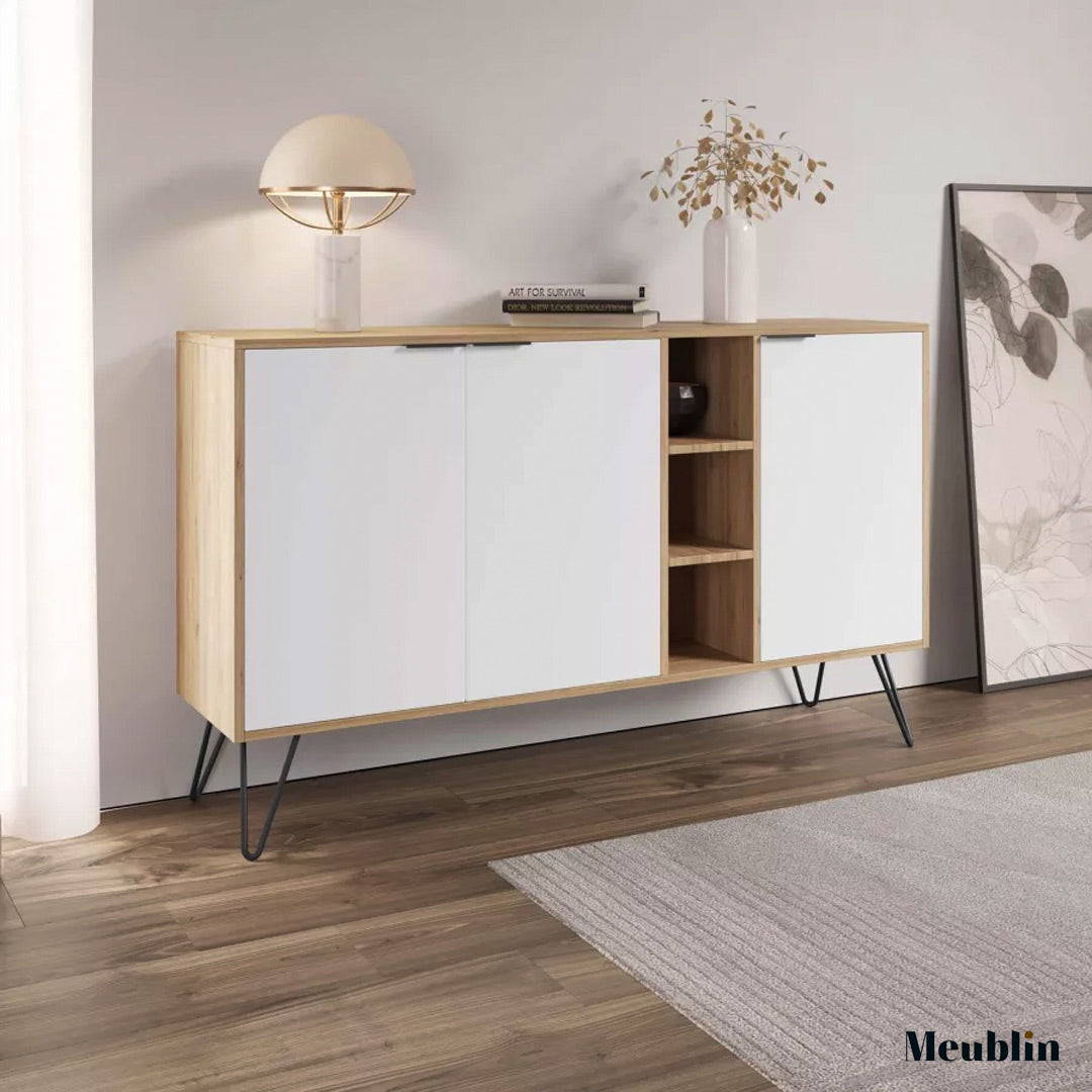 Console CLARA 142 cm - Buffet et Bahut de rangement - Chêne et blanc