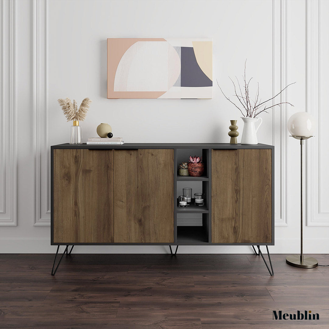 Console CLARA 142 cm - Buffet et Bahut de rangement - Gris et et Noyer