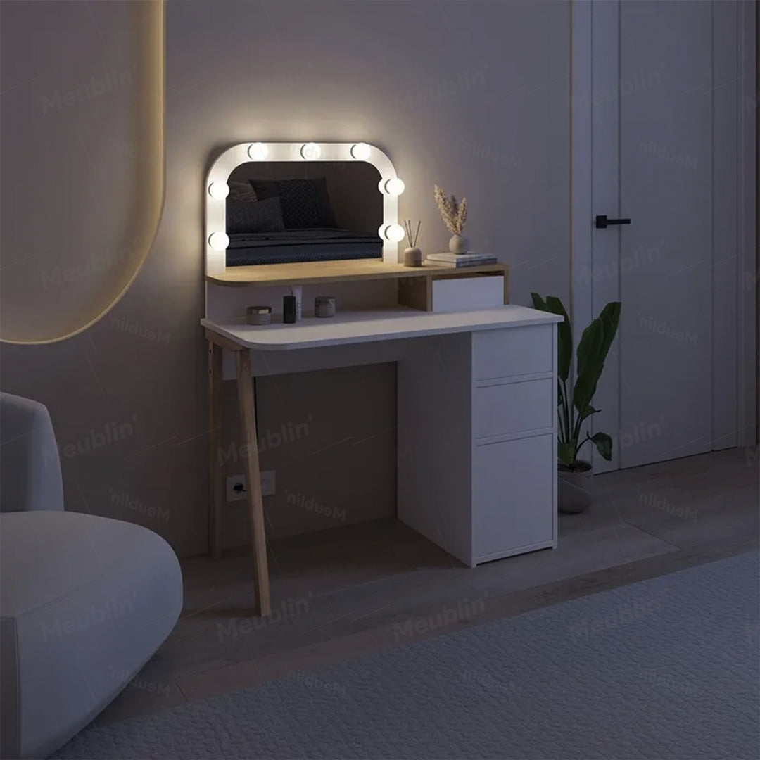 Coiffeuse AVIEN Avec Miroir + 3 Tiroirs et Led - Blanc / Chêne