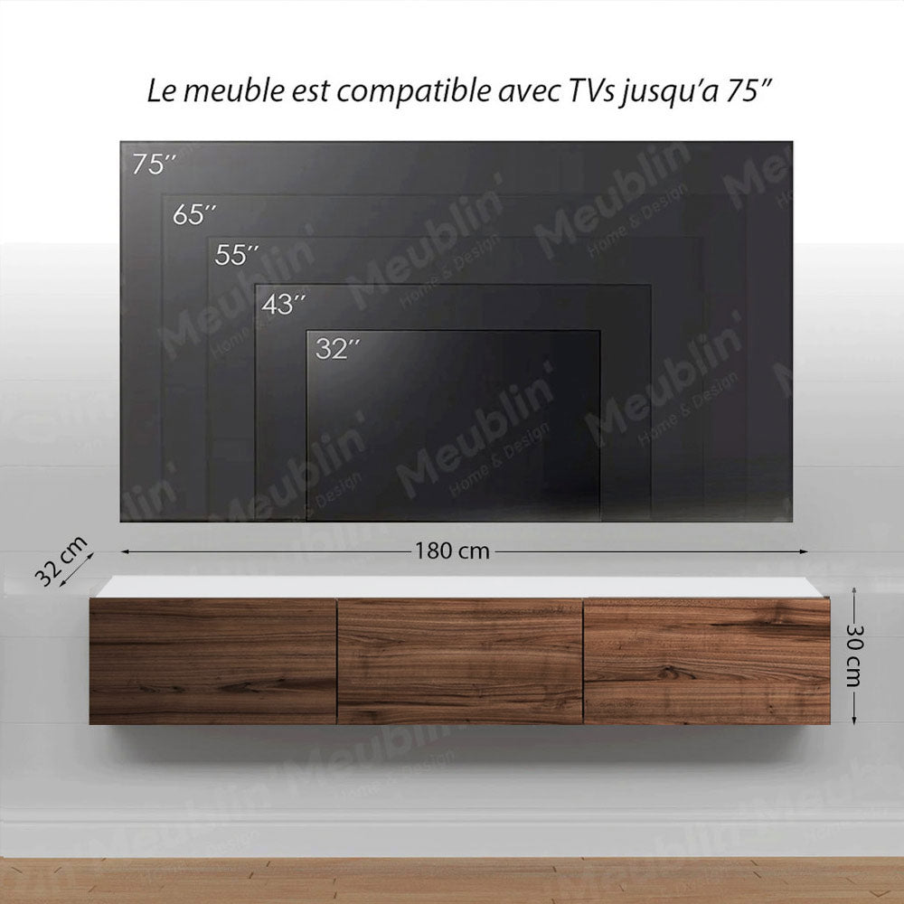 Meuble TV suspendu DAMLA 180 cm - Blanc et Marron foncé