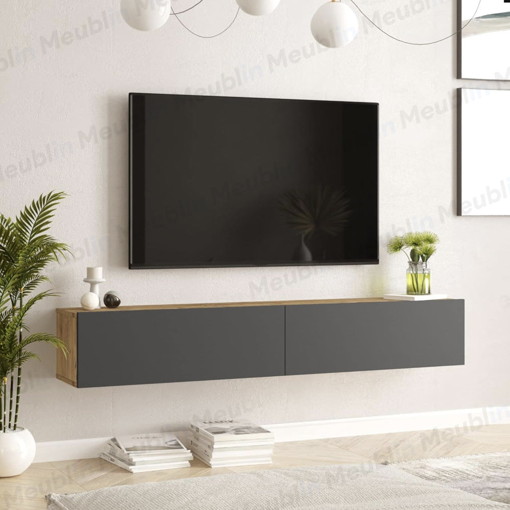 Meuble TV design suspendu FRANCY 135 cm - Chêne et Gris