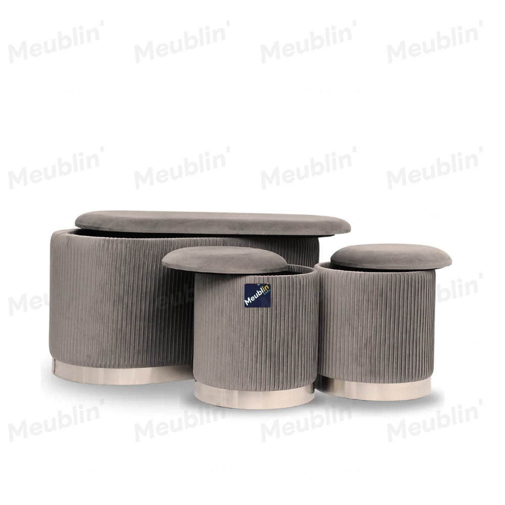 Set de 3 tabourets Velours Gris PRESTIGE - chambre à coucher
