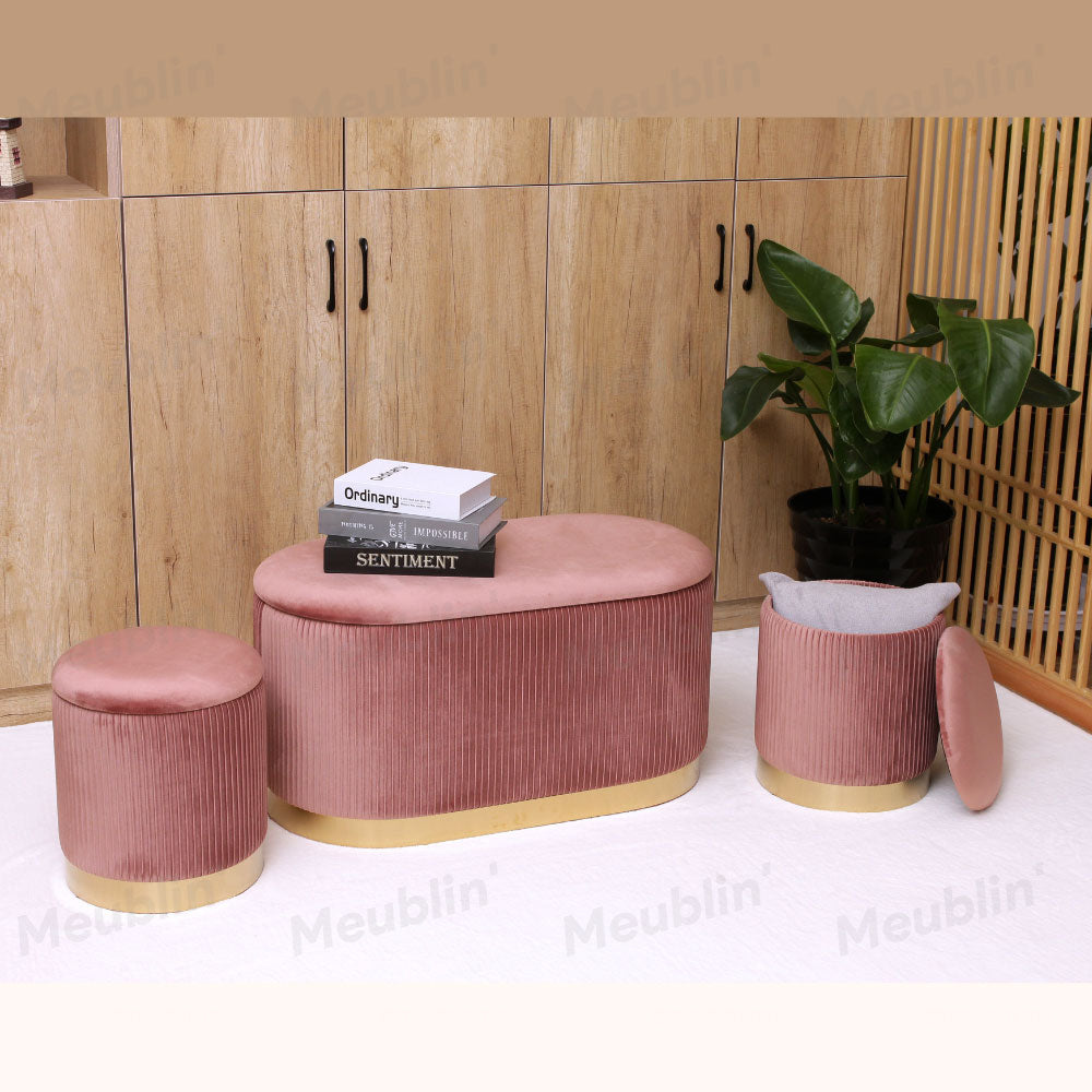 Set de 3 tabourets Velours Rose PRESTIGE - chambre à coucher