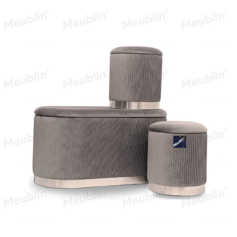Set de 3 tabourets Velours Gris PRESTIGE - chambre à coucher