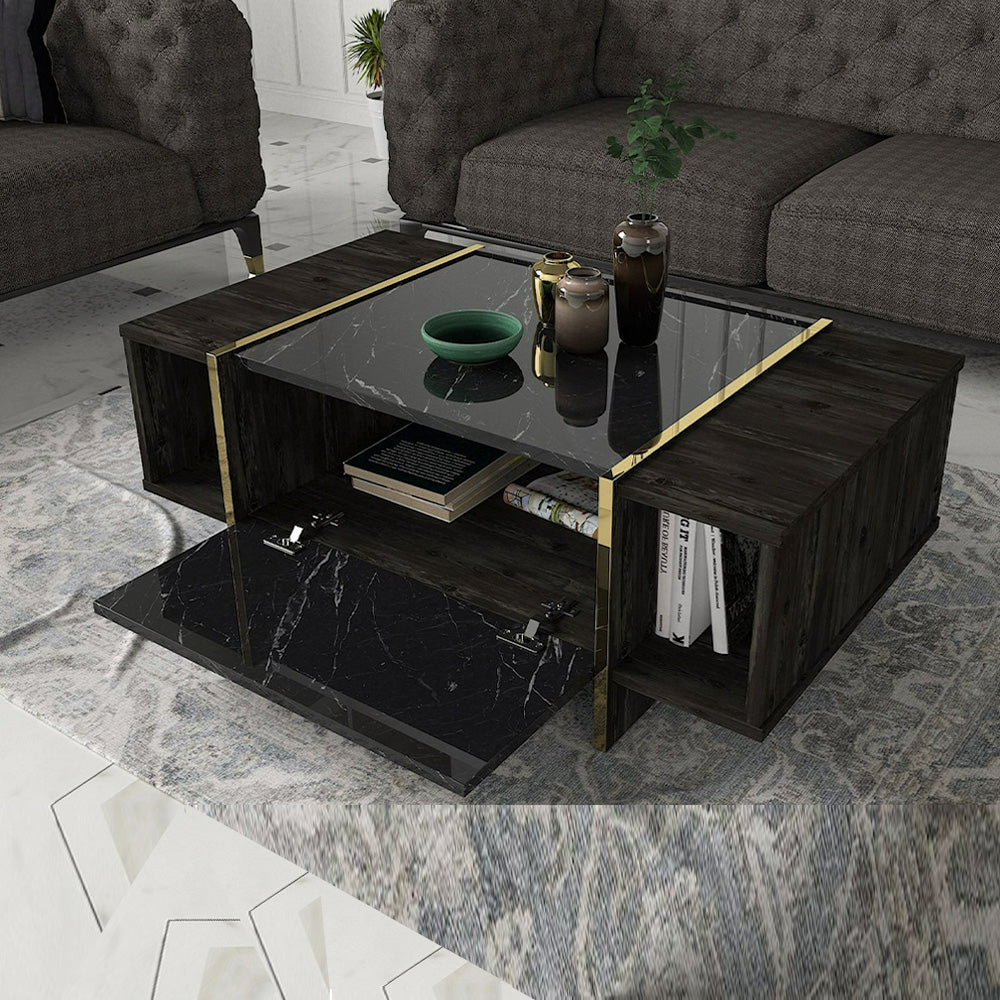 Table basse pour séjour VEYRON 104 cm - Effet marbré noir et doré - Meublin.ma table basse Meublin.ma
