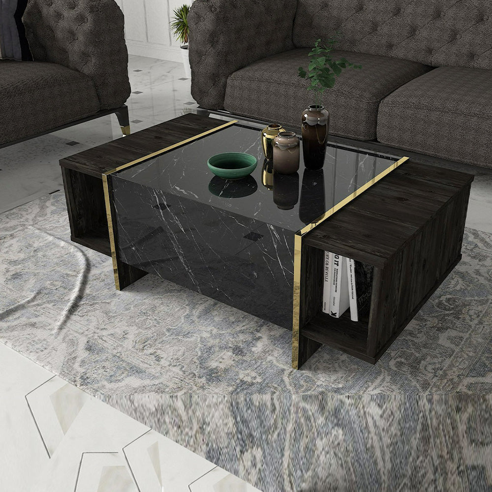 Table basse pour séjour VEYRON 104 cm - Effet marbré noir et doré - Meublin.ma table basse Meublin.ma