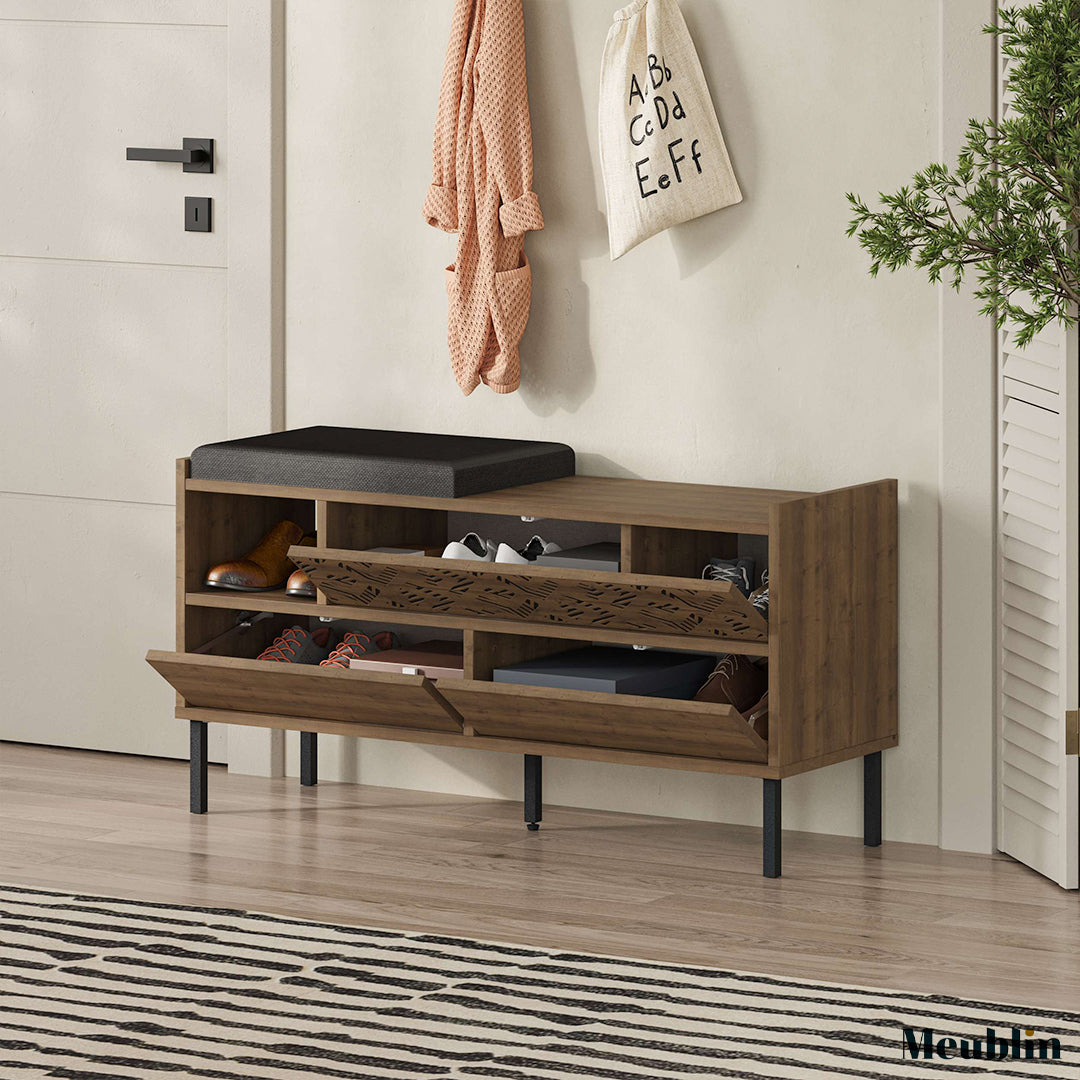 Banc à chaussures - 3 compartiments HEATON 110 cm - Marron Noyer