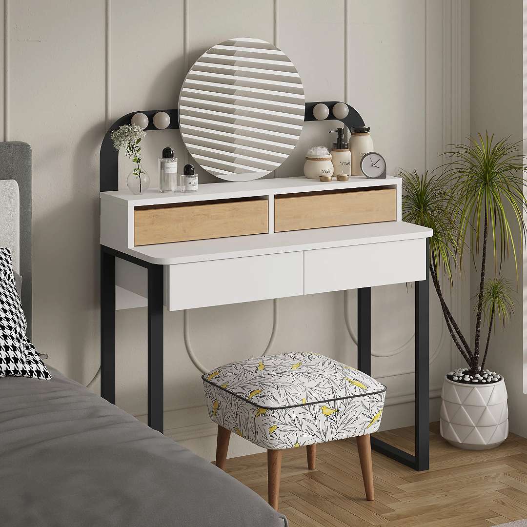 Table coiffeuse LORA à tiroirs avec miroir et LED intégré - Chambre à coucher