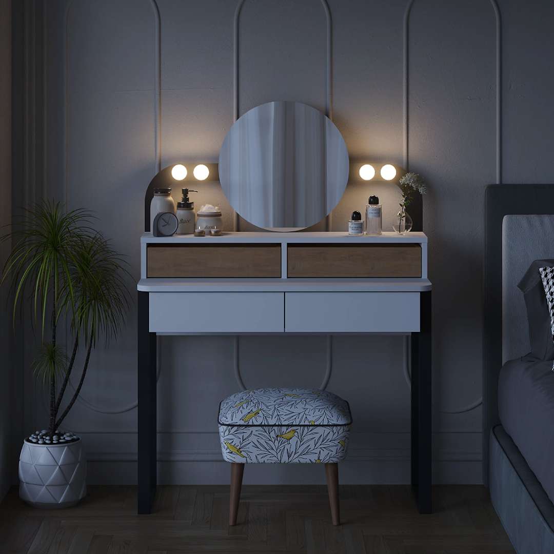 Table coiffeuse LORA à tiroirs avec miroir et LED intégré - Chambre à coucher