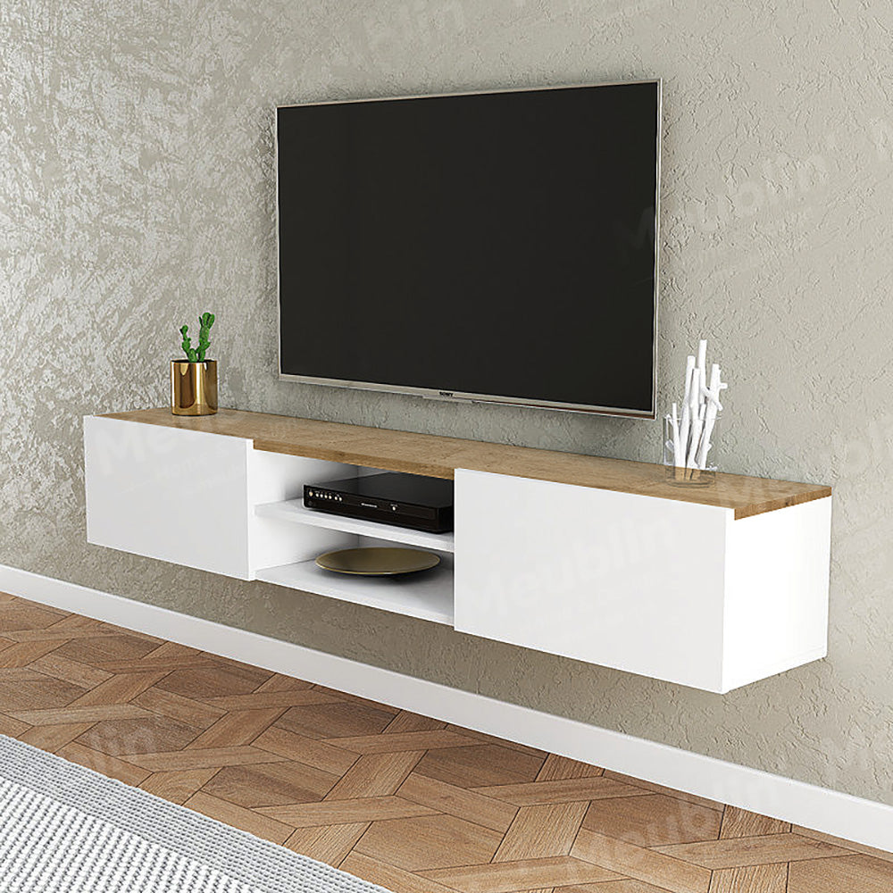 Pack DIMALENA - Meuble TV suspendu et Table basse - Blanc et chêne - Meublin.ma Meuble TV Meublin.ma