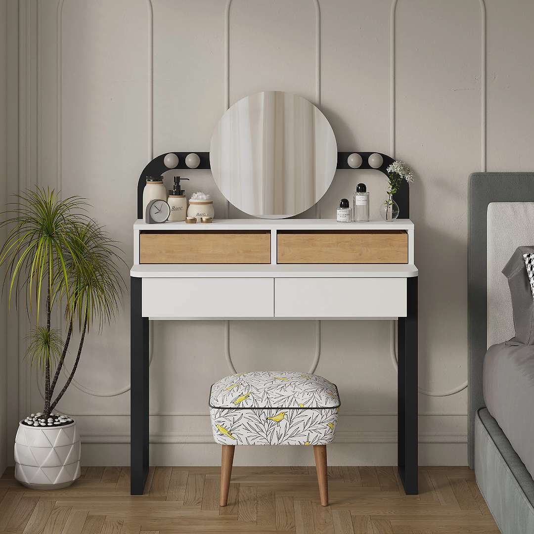 Table coiffeuse LORA à tiroirs avec miroir et LED intégré - Chambre à coucher