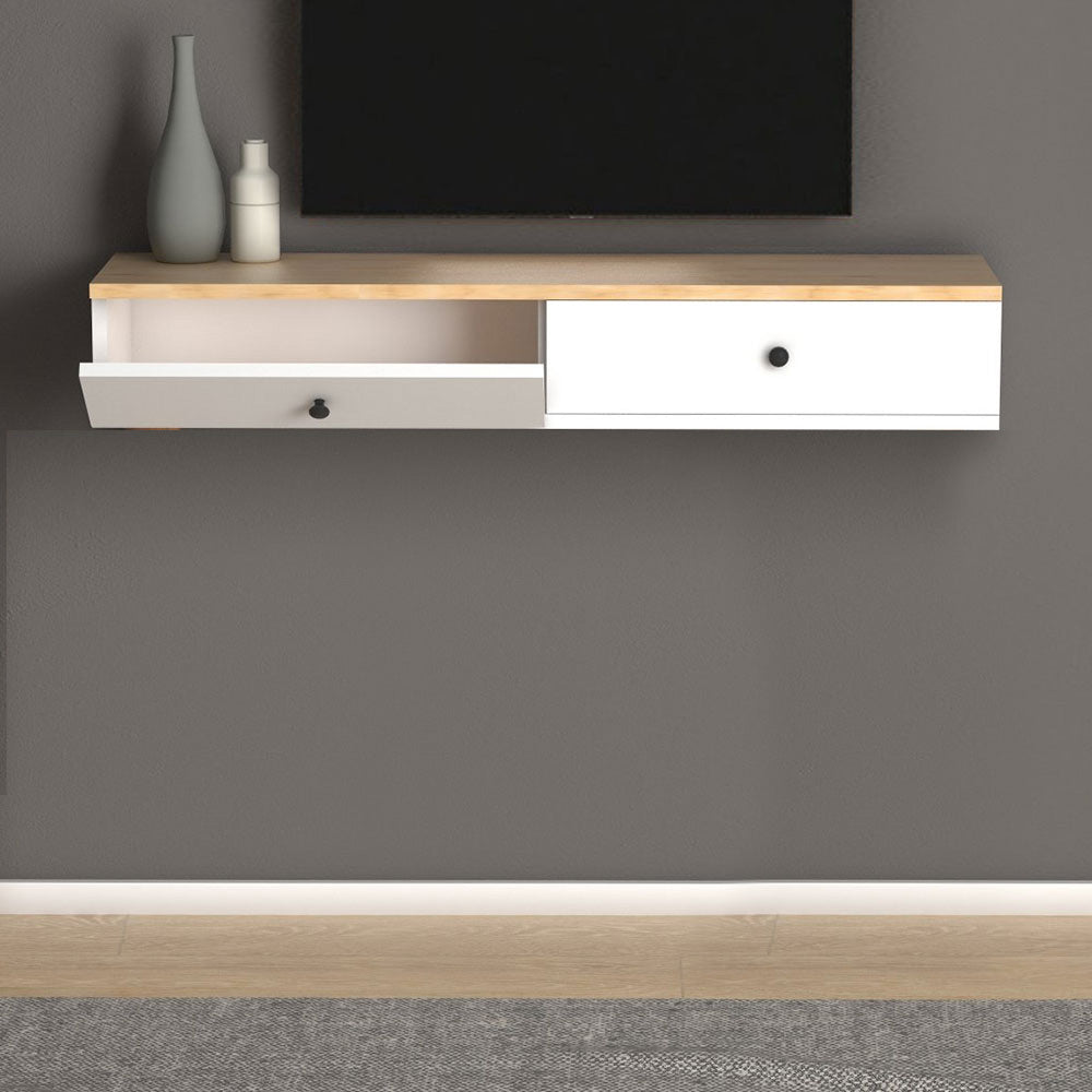 Meuble TV suspendu ALIS 110 cm à 2 portes - Blanc et chêne - Meublin.ma Meuble TV Meublin.ma