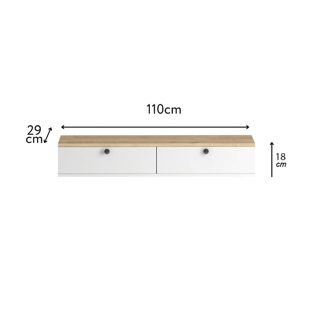 Meuble TV suspendu ALIS 110 cm à 2 portes - Blanc et chêne - Meublin.ma Meuble TV Meublin.ma