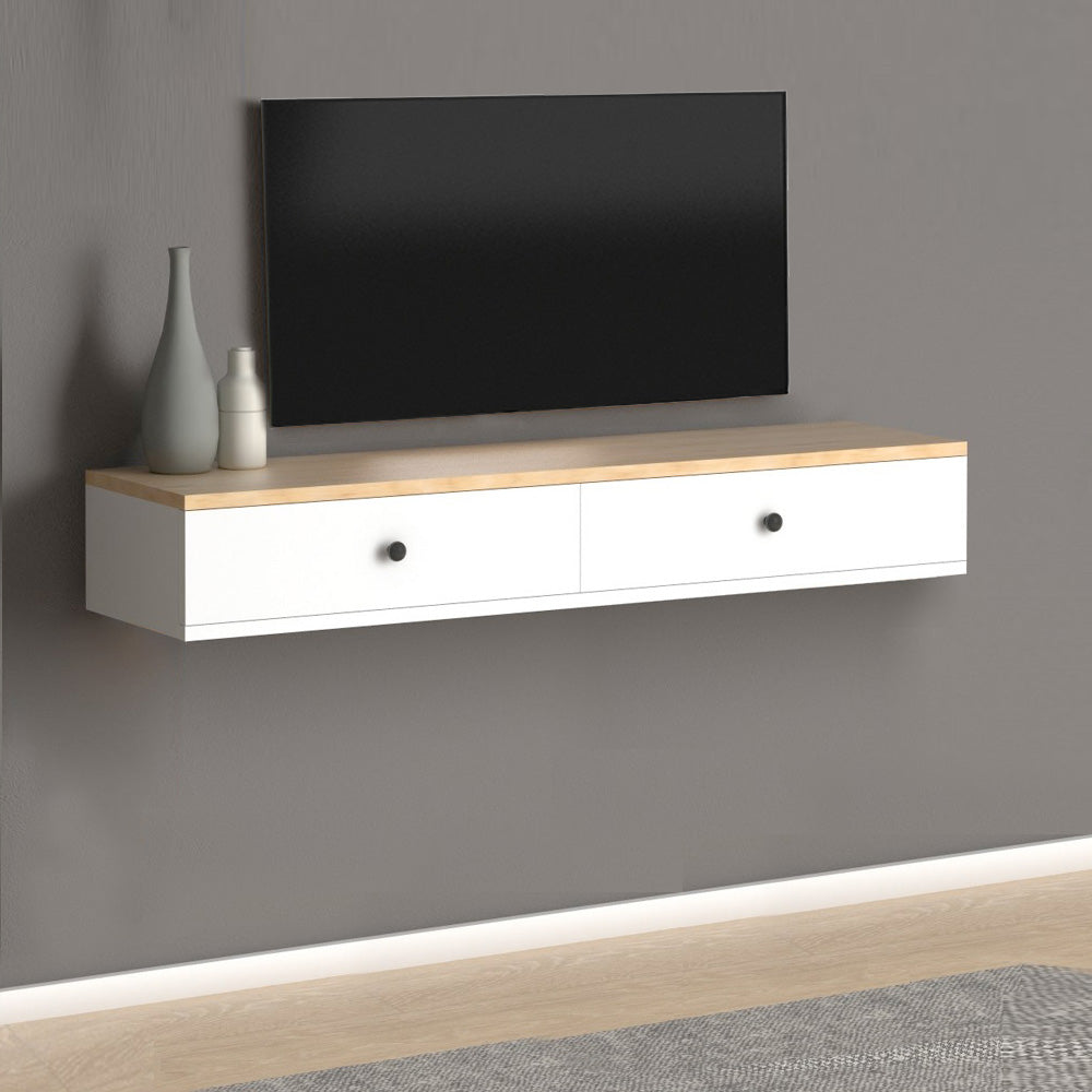 Meuble TV suspendu ALIS 110 cm à 2 portes - Blanc et chêne - Meublin.ma Meuble TV Meublin.ma