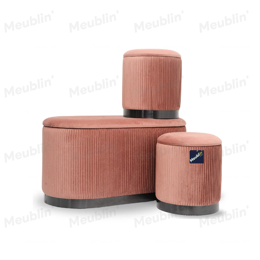 Set de 3 tabourets Velours Rose PRESTIGE - chambre à coucher