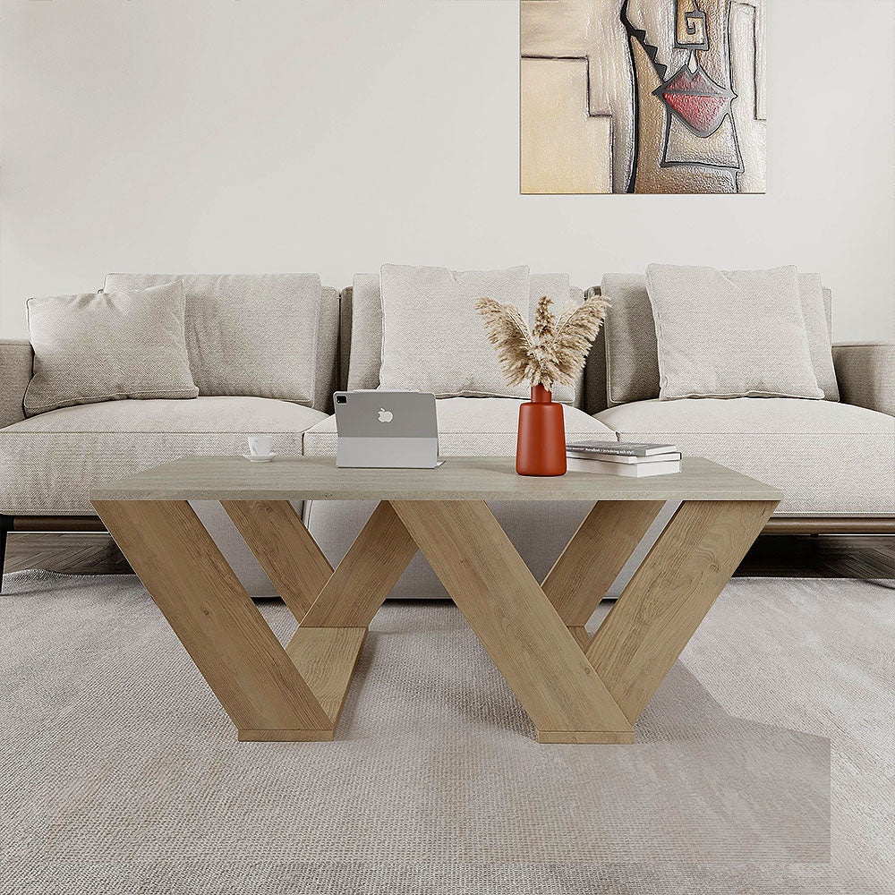 Table basse moderne pour séjour PIPRA 110 cm - Chêne et Travertin