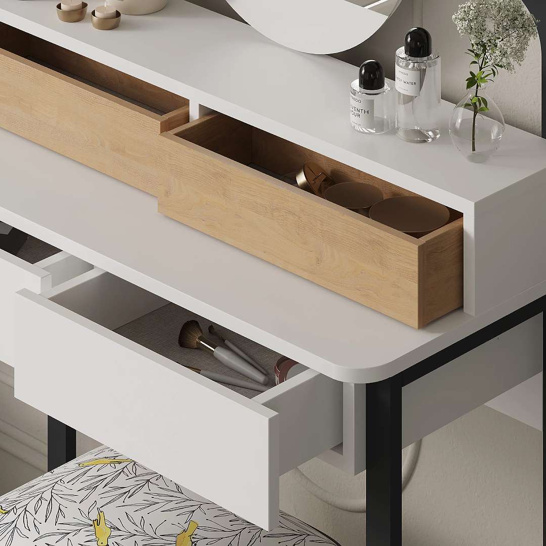 Table coiffeuse LORA à tiroirs avec miroir et LED intégré - Chambre à coucher