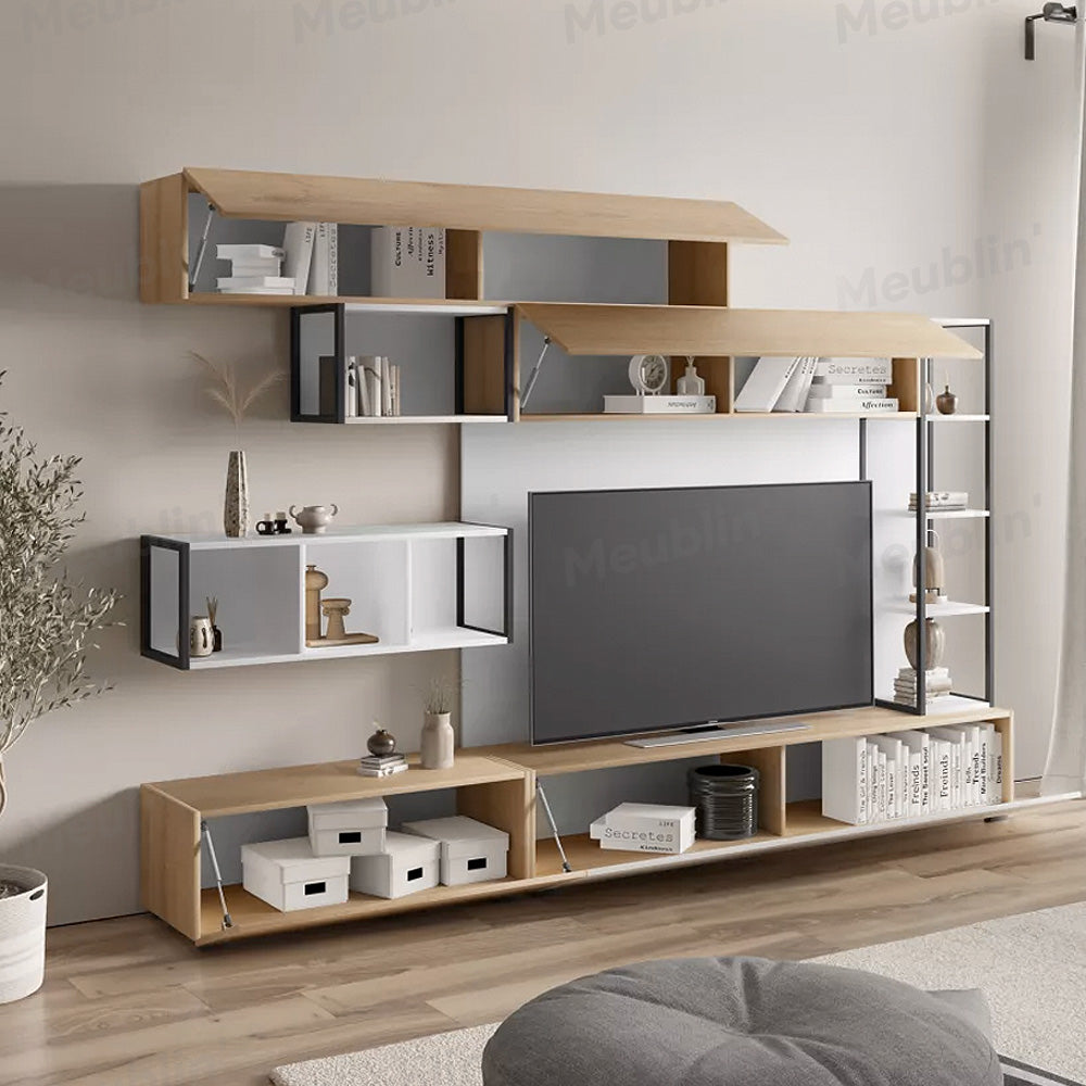 Ensemble de Meuble TV avec rangement TRONADOR 260 cm - Blanc et Chêne